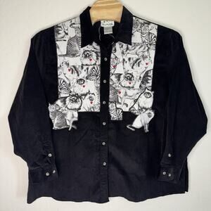 The Quaker Factory Womens 2X Corduroy Cat Button Up Vtg Embroidered Shirt Black